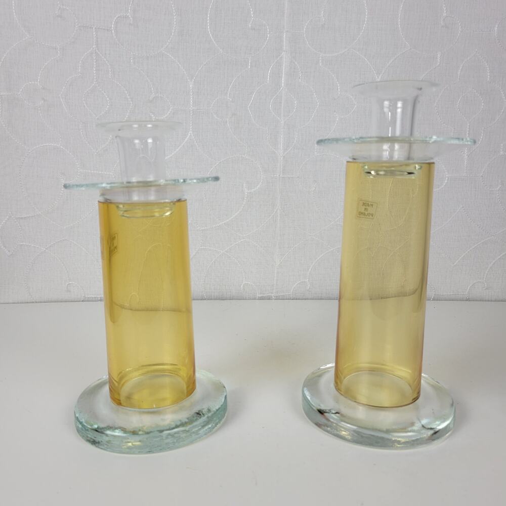 VINTAGE Mid Century Modern Candle Sticks Yellow & Clear Glass Holder Set of 2